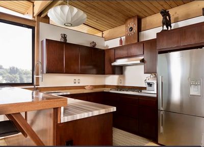 Mid-century kitchen remodel with custom wood cabinetry and butcher block island, Montgomery County PA